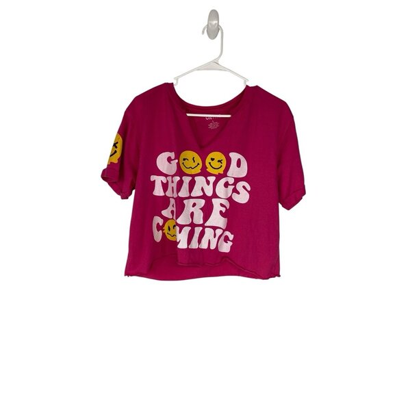Womens On Fire Good Things Are Coming Large Pink Crop Top Tee - Picture 1 of 3